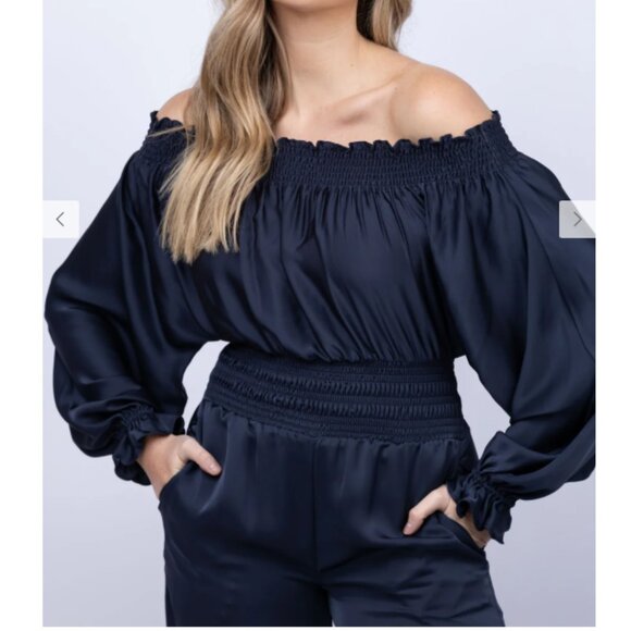 Ramy Brook Teagan Off The Shoulder Jumpsuit in Navy - Picture 2 of 8